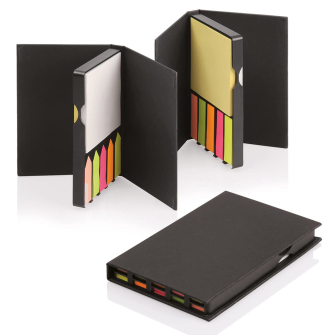 A black Sticky Note Book with multiple coloured sticky notes and a blank notepad, featuring a simple design and a logo.