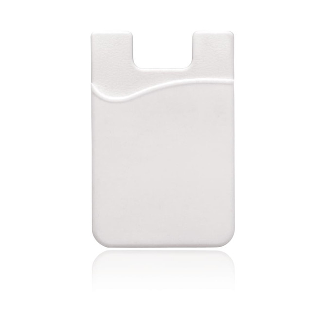 A white silicone smartphone card wallet with a curved design and a slot for cards. It features a logo.