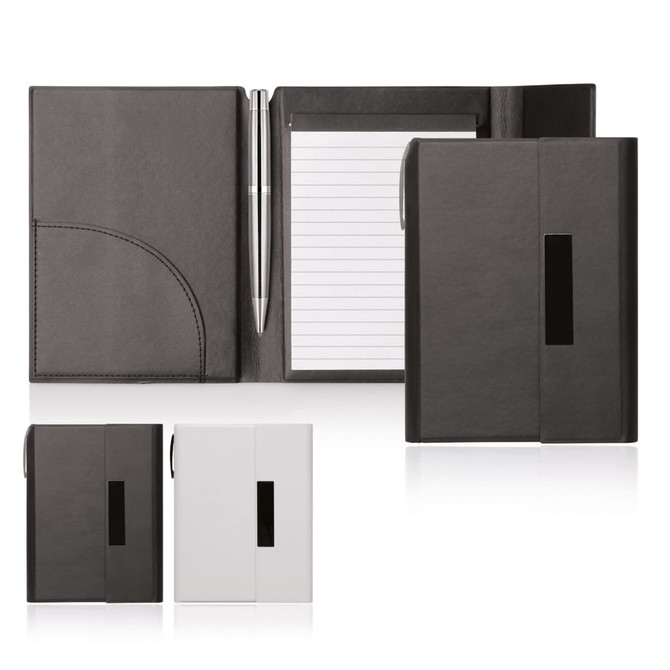 A black notepad folder with a magnetic closure, featuring a pen and lined notepad, alongside a white version.