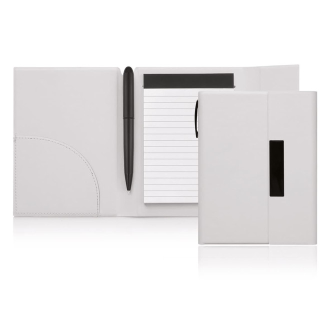 A grey A6 notepad folder with a magnetic closure, containing a notepad and a pen. It features a logo.