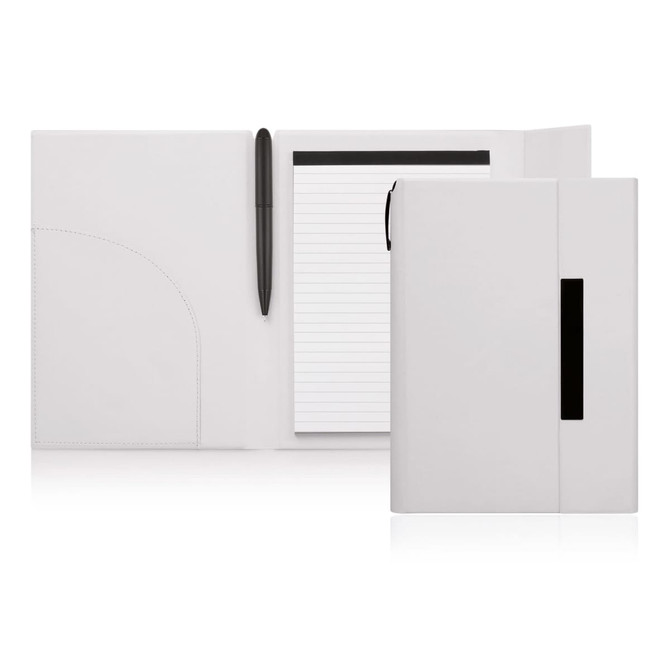 A white A5 notepad folder with a magnetic closure, featuring a pen and lined notepad inside. It has a logo.