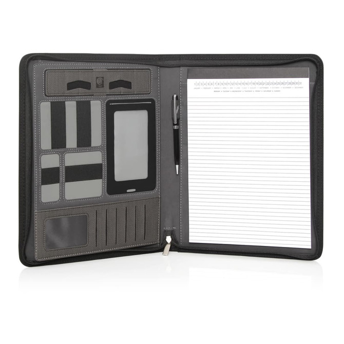 A dark grey A4 executive tech zipper folder featuring pockets, a notepad, and a pen holder.