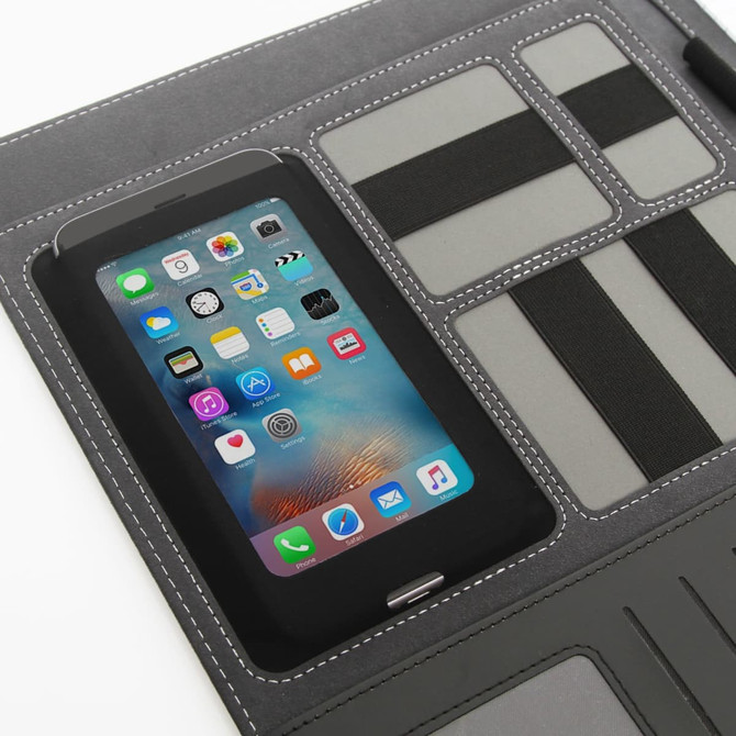 An A4 executive tech product in ebony with compartments for a smartphone and various accessories, featuring grey accents.