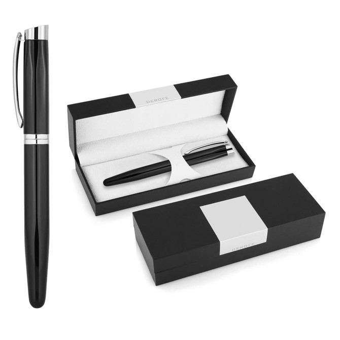 A black metal rollerball pen in an elegant gift box, with a silver trim and a logo on the box.