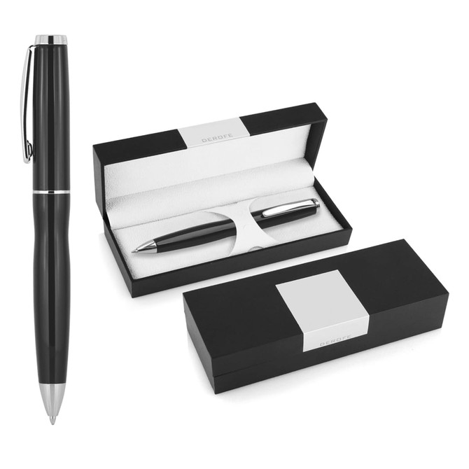 A sleek black metal ballpoint pen displayed with a matching box, featuring silver accents and a branding logo.