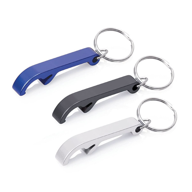 A drink bottle opener keyring in blue, black, and white, featuring a keyring attachment and a logo.
