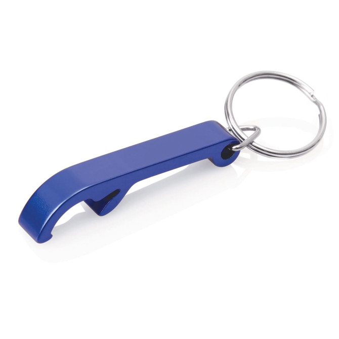 A drink bottle opener in blue colour with a keyring attached for easy carrying.