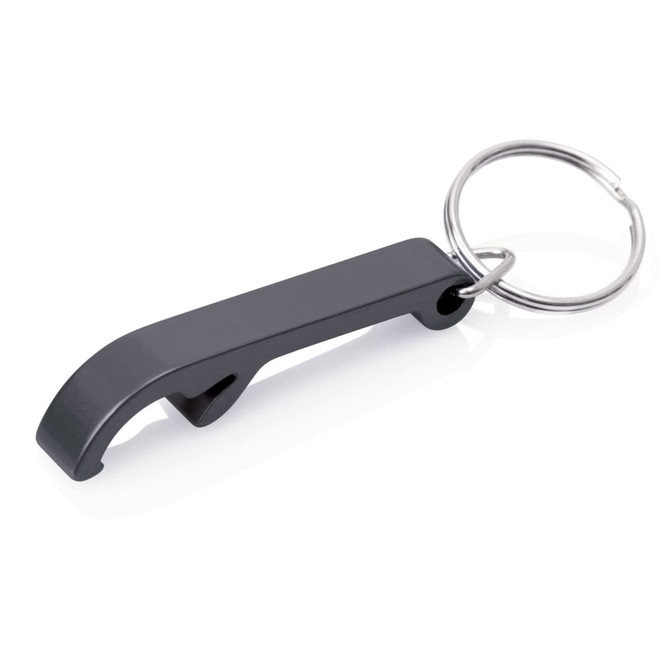 A drink bottle opener in sleek black, featuring a keyring attachment. It has a simple, curved design and includes a branding logo.