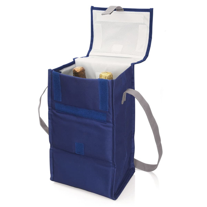 A drink bottle cooler in navy blue holds two bottles, featuring a zippered top and a grey shoulder strap.