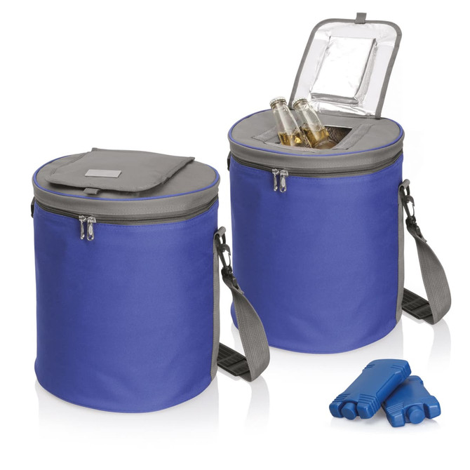A round blue cooler bag with a grey lid, featuring an insulated interior and a shoulder strap. One bag is open with drinks inside.