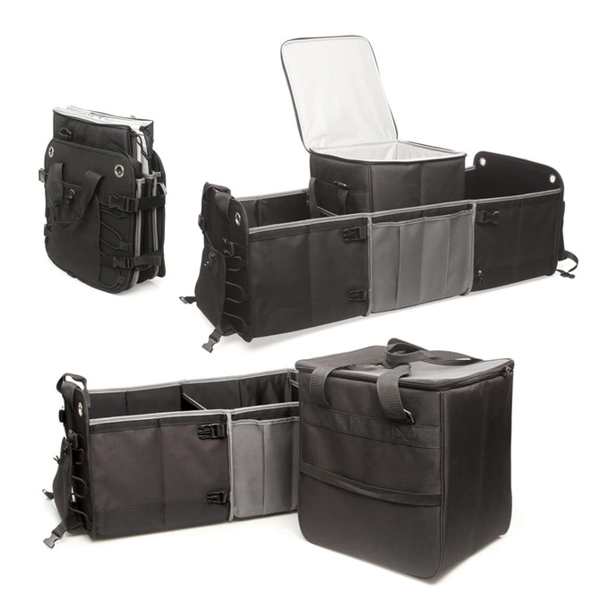 A black car boot organiser with removable insulated cooler, featuring multiple compartments and flexible sections.