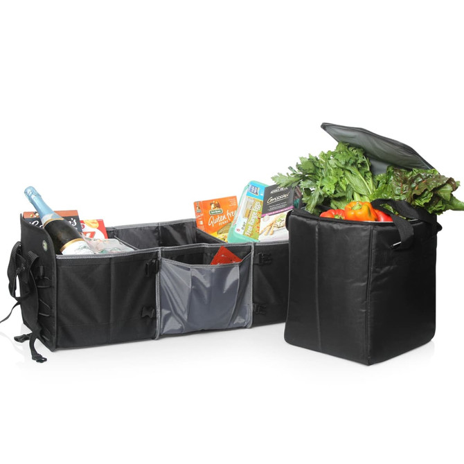 A black car boot organiser features multiple compartments and a removable insulated cooler for beverages and food items.