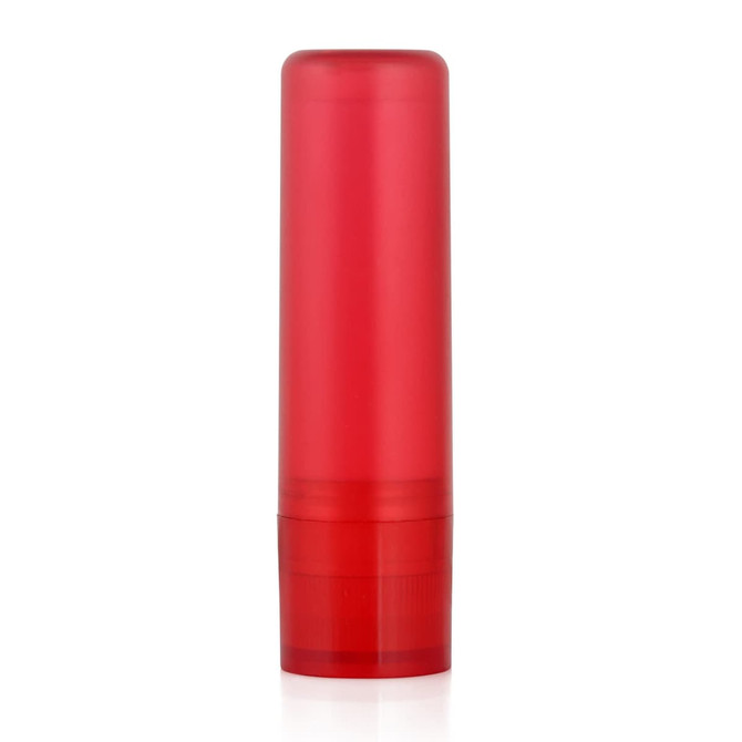 A cylindrical lip balm container in bright red with a transparent finish and a twist base. It has a logo on the surface.