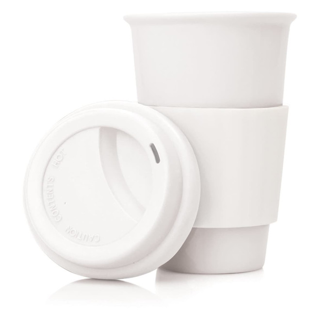 A drink bottle with a white ceramic body, featuring a matching lid and silicone sleeve for grip. It has a logo.