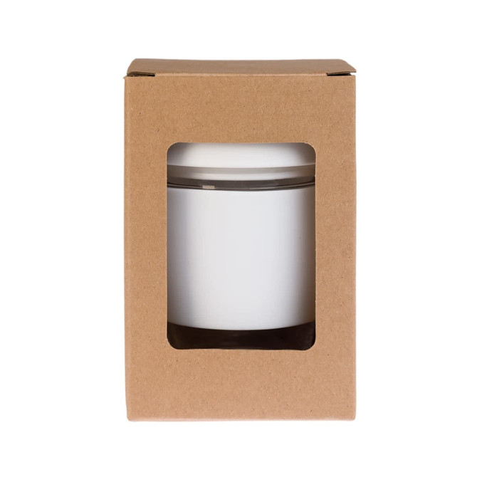 A reusable coffee cup with a flip lid is presented in a brown cardboard box, featuring a clear window for visibility.