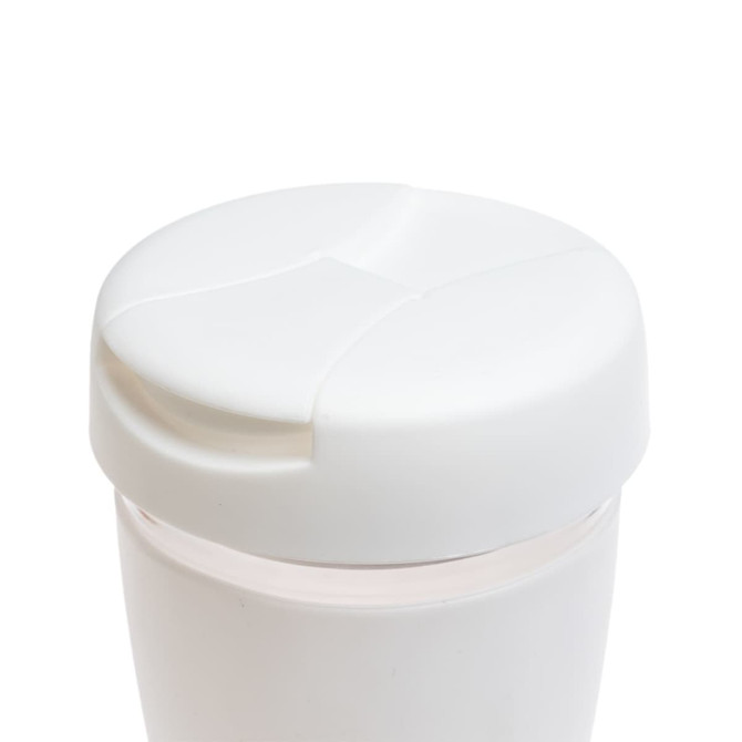 A reusable coffee cup with a flip lid, featuring a white color and a smooth design, includes a logo.