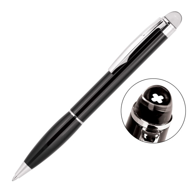 A black ballpoint pen with a sleek design and chrome accents, featuring a decorative top and a logo.