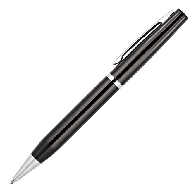 A black metal ballpoint pen with a sleek design and a silver clip. It features a branding logo.