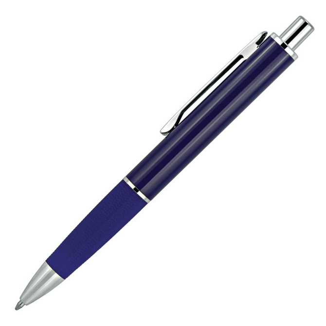 A ballpoint executive pen in dark blue with silver accents and a textured grip, featuring a logo.