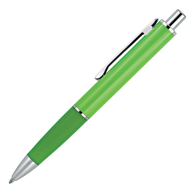 A green ballpoint pen with a silver clip and textured grip, featuring branding on the body.