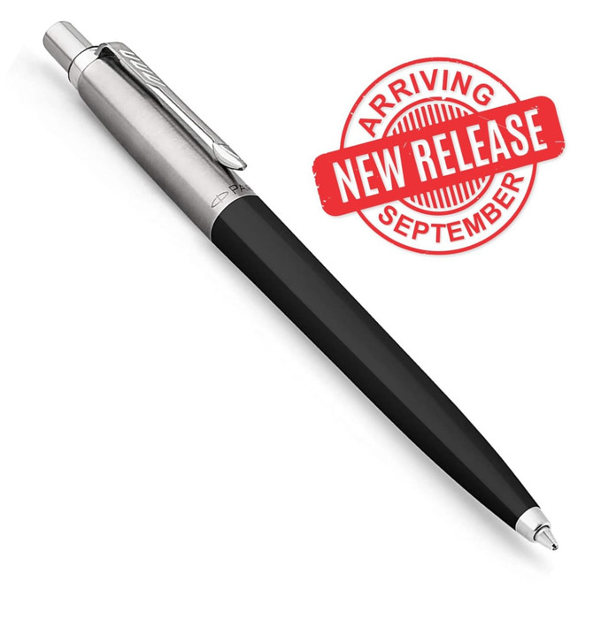 A metal ballpoint pen in black with a silver clip and a branding logo.
