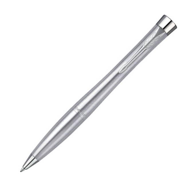 A silver pen with a brushed stainless steel finish and a smooth barrel design. It features a branded logo.