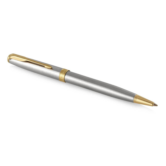 A metal ballpoint pen in brushed stainless steel with gold accents and a branding logo.