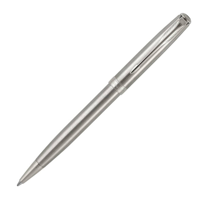 A ballpoint pen in brushed stainless steel with a sleek design and a clip, featuring a branding logo.