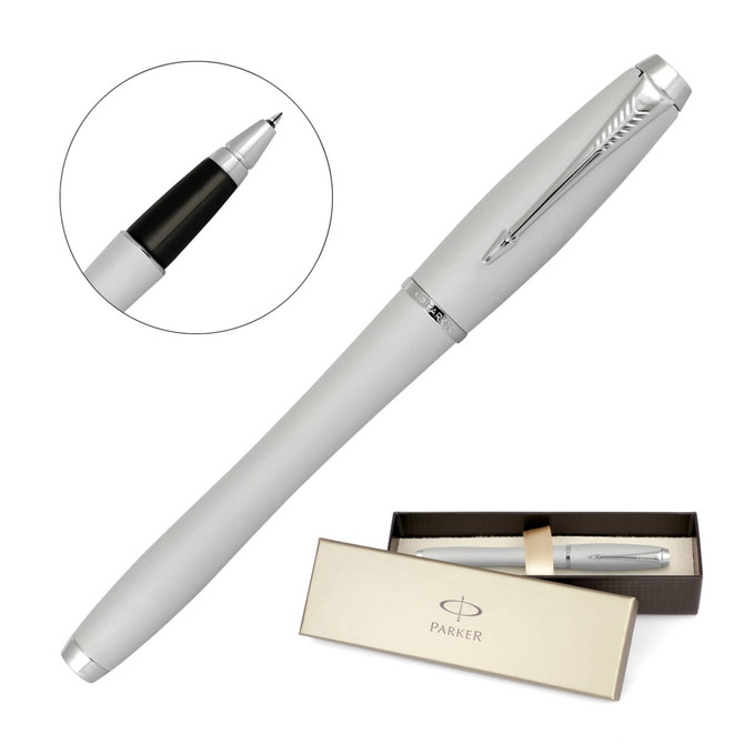 A silver rollerball pen with a black tip, presented in a box featuring a logo.