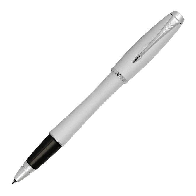 A metal rollerball pen in silver with a black tip, featuring a simple design and a branding logo.