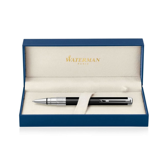 A black Waterman ballpoint pen in a stylish blue and cream box with a logo.