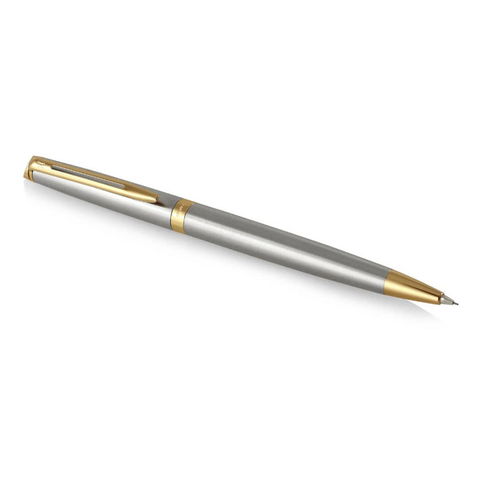 A mechanical pencil in brushed stainless steel with gold accents, featuring a sleek design and a branding logo.