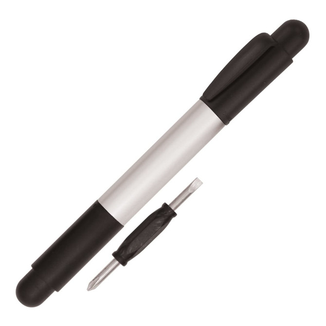 A silver and black ballpoint pen with a screwdriver attachment at one end, featuring a logo on the barrel.