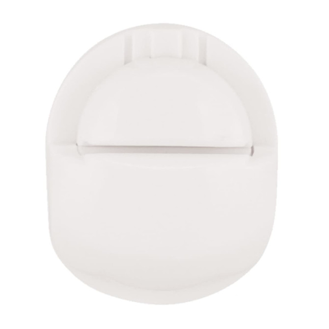 A white magnetic pen and paper holder with a curved design and a small logo on the front.