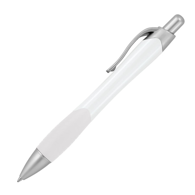 A ballpoint pen in frost white and silver, featuring a sleek design and a clip for easy attachment.
