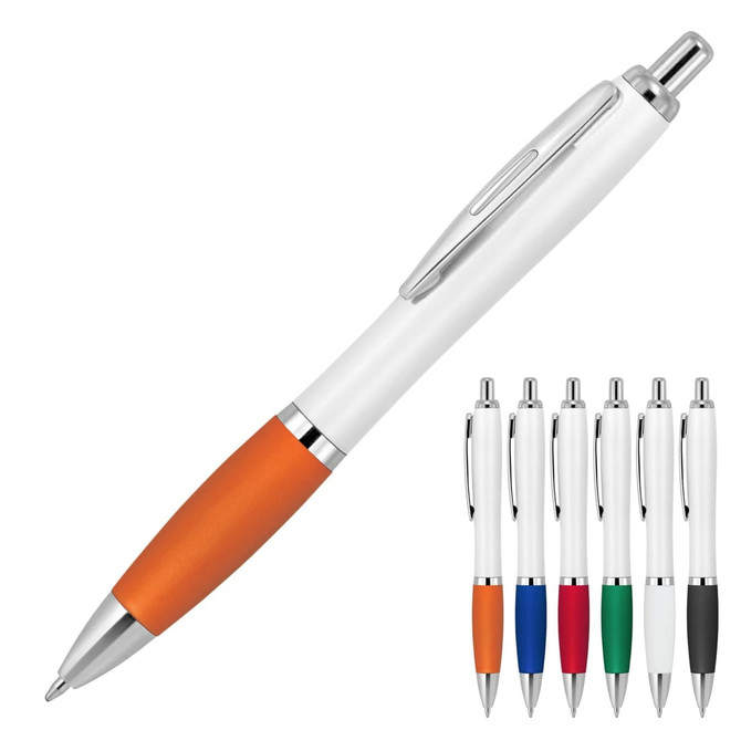 A plastic ballpoint pen with a white body and an orange silicone grip, featuring a chrome clip and accents. Includes a variety of other colours.
