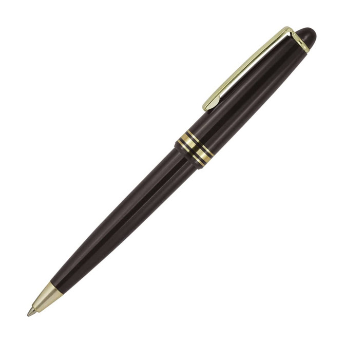 A black ballpoint pen with gold accents and a clip, featuring a sleek and elegant design.