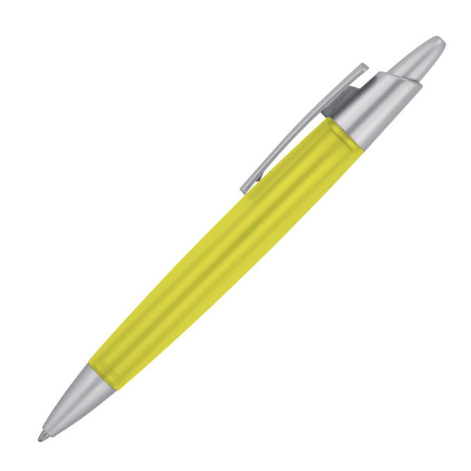 A yellow plastic ballpoint pen with a silver clip and tip, featuring a textured grip. The pen has a branded logo.