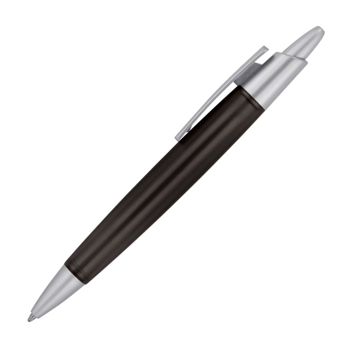 A ballpoint pen with a black barrel and silver accents, featuring a sleek design and a clip on one side.