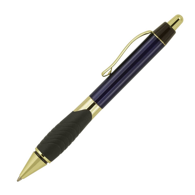 A metal ballpoint pen in navy blue with gold accents and a textured black grip, featuring a clip and branding.