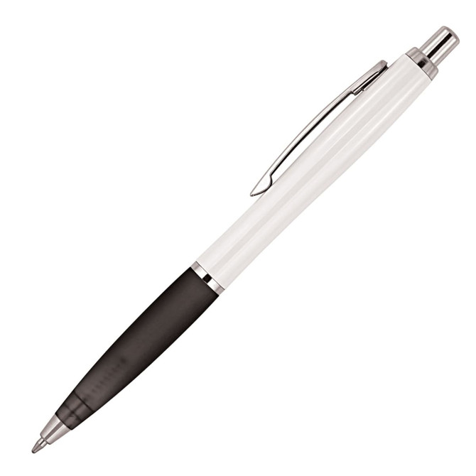 A ballpoint pen featuring a white barrel and black grip, with a silver clip and accents.