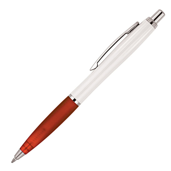 A ballpoint pen with a white barrel and a red grip, featuring a silver clip and accents.