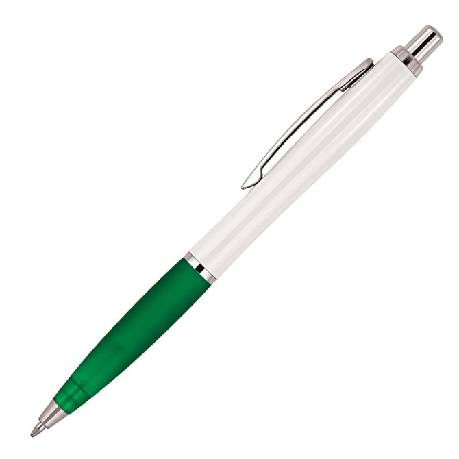 A ballpoint pen in white with a green grip and silver accents, featuring a clip and a logo.