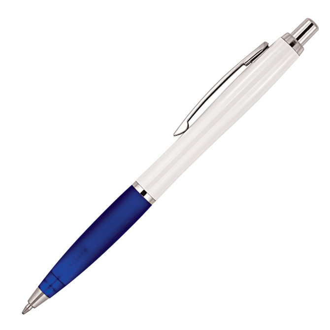 A white ballpoint pen with a blue grip and a silver clip. Features a logo on the barrel.