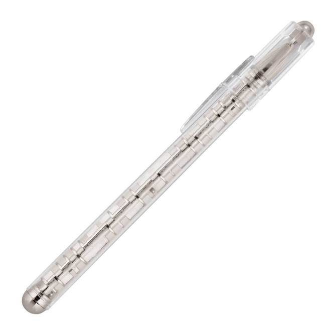 A silver ballpoint pen with a transparent barrel and a clip, featuring a silver-tone tip.