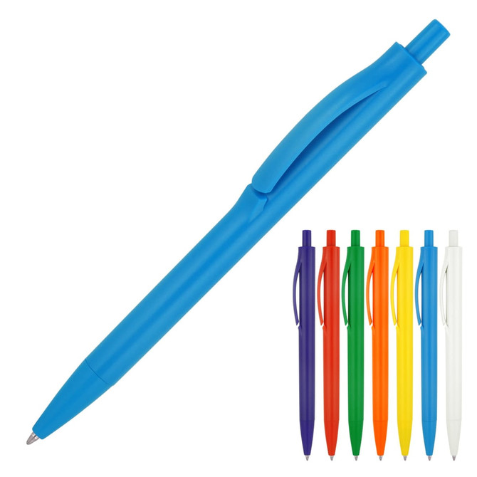 A ballpoint pen in solid blue, accompanied by pens in green, yellow, red, purple, orange, and white. Features a logo.