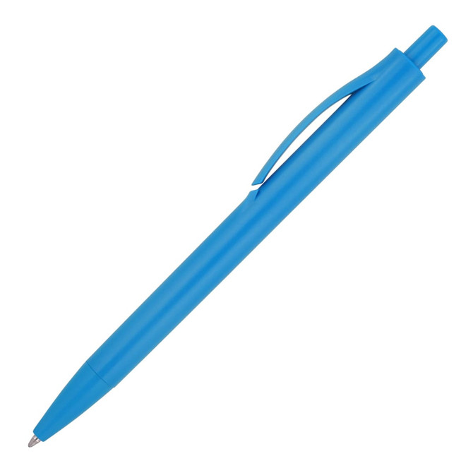 A blue ballpoint pen with a smooth, solid colour and a clip for easy attachment. It features a simple design and branding.