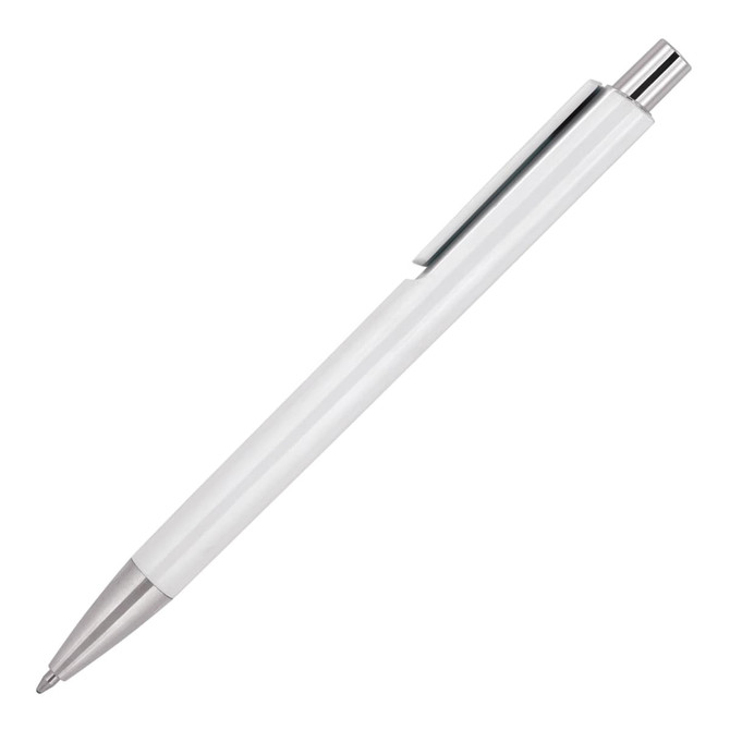 A ballpoint pen with a white barrel and silver trim, featuring a clip and a simple design. It has a logo on the side.