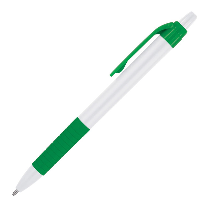 A ballpoint pen in white with a green grip and clip, featuring a simple design and a metal tip.
