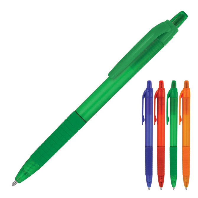 A ballpoint pen in frosted green with a textured grip, accompanied by variants in blue, red, and orange.